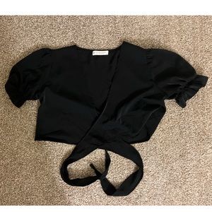 Black Jon and Anna Crop Tie Shirt with Puffy Sleeves in medium